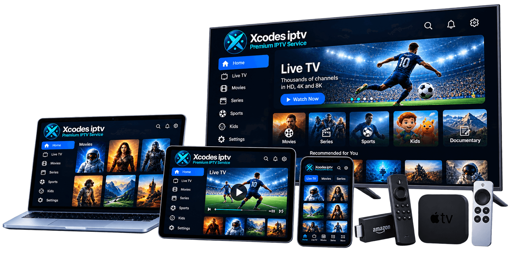 XCodes IPTV app on a TV, laptop, tablet and smartphone, shown with a Fire TV Stick and Apple TV